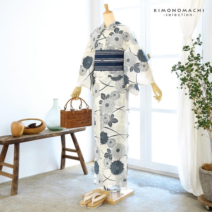 浴衣 レディース 単品 お仕立て上がり浴衣 綿絽浴衣「流れ菊 生成り色