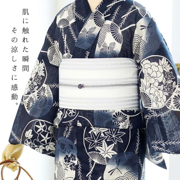 浴衣 レディース 単品 お仕立て上がり浴衣 綿絽浴衣「うちわ 濃紺