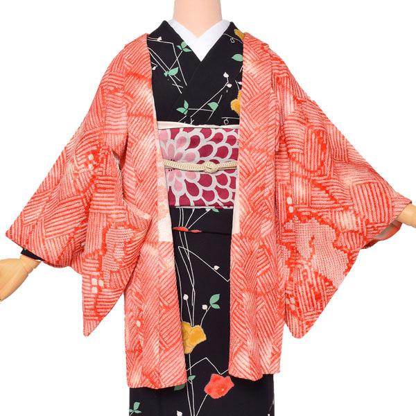 Prices down2）(中古品)羽織 「オレンジ 花」 正絹 総絞り 羽織り  