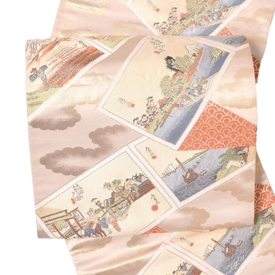 Prices down2）(中古品)仕立て上がり 袋帯 「クリーム 雲取りに道中 