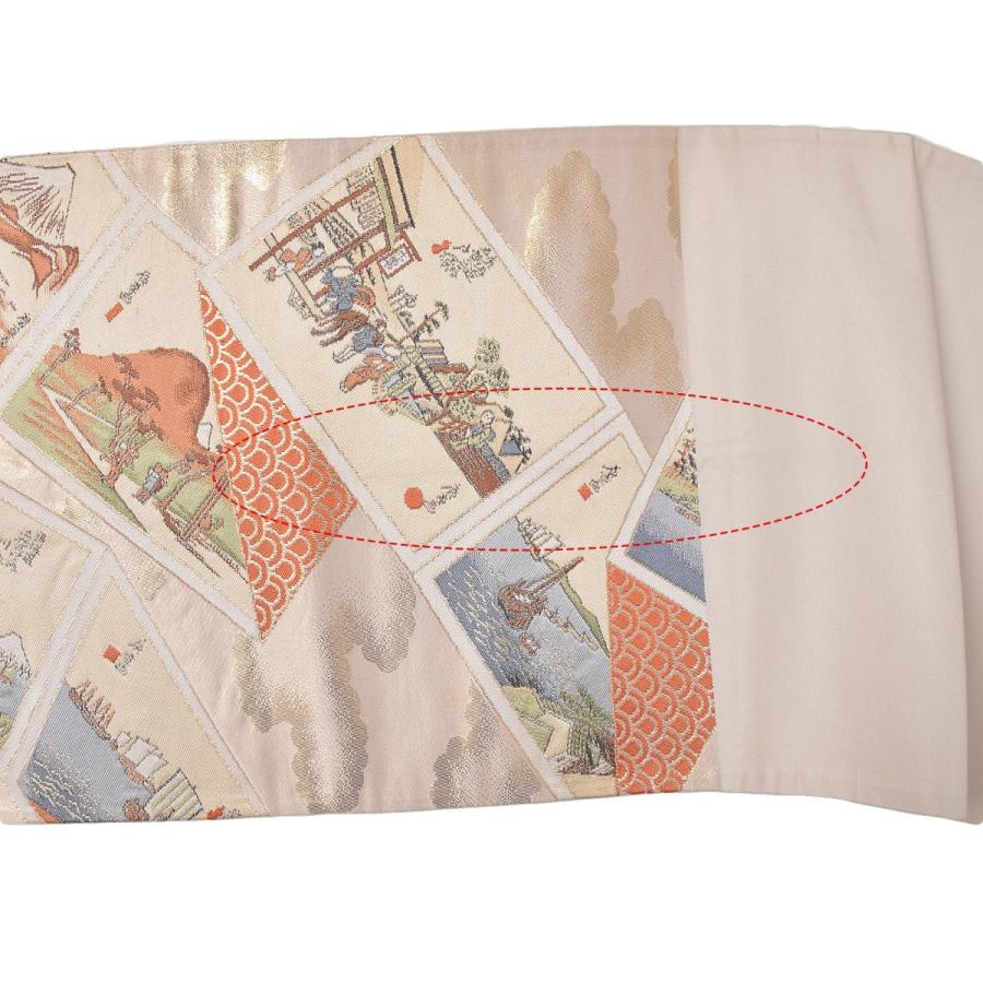 【Prices down2】【中古品】仕立て上がり 袋帯「クリーム 雲取りに道中物語文様」【メール便不可】＜T＞ss2512ofk20 Prices down2）(中古品)仕立て上がり 袋帯 「クリーム 雲取りに道中