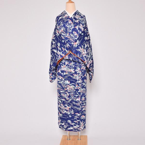（Prices down3）(中古品)仕立て上がり 袷着物 「紺色 草花風景」 小紋 正絹 (メール便不可)＜T＞