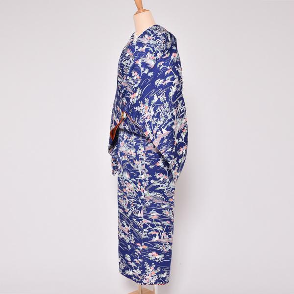 （Prices down3）(中古品)仕立て上がり 袷着物 「紺色 草花風景」 小紋 正絹 (メール便不可)＜T＞_3