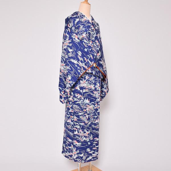 （Prices down3）(中古品)仕立て上がり 袷着物 「紺色 草花風景」 小紋 正絹 (メール便不可)＜T＞_4