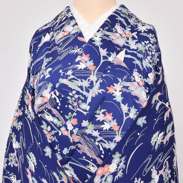 （Prices down3）(中古品)仕立て上がり 袷着物 「紺色 草花風景」 小紋 正絹 (メール便不可)＜T＞_5