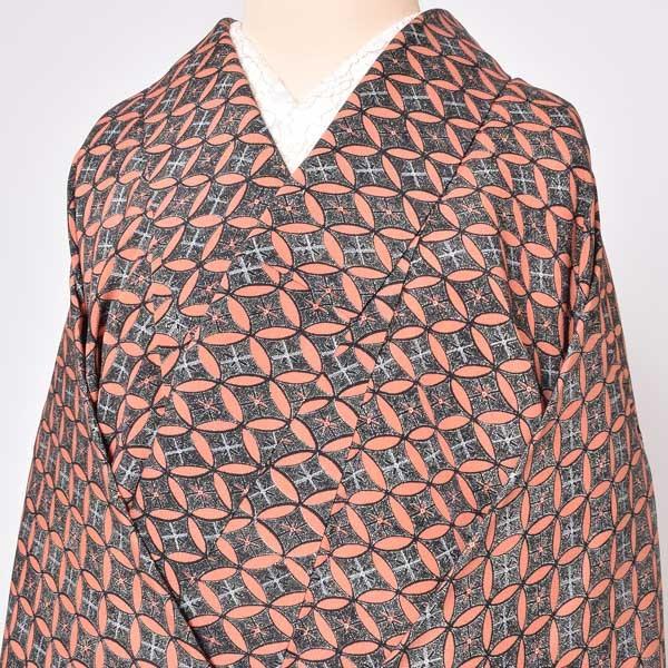 （Prices down3）(中古品)仕立て上がり 袷着物 「サーモンピンク 七宝繋ぎ」 小紋 正絹 (メール便不可)＜T＞_4