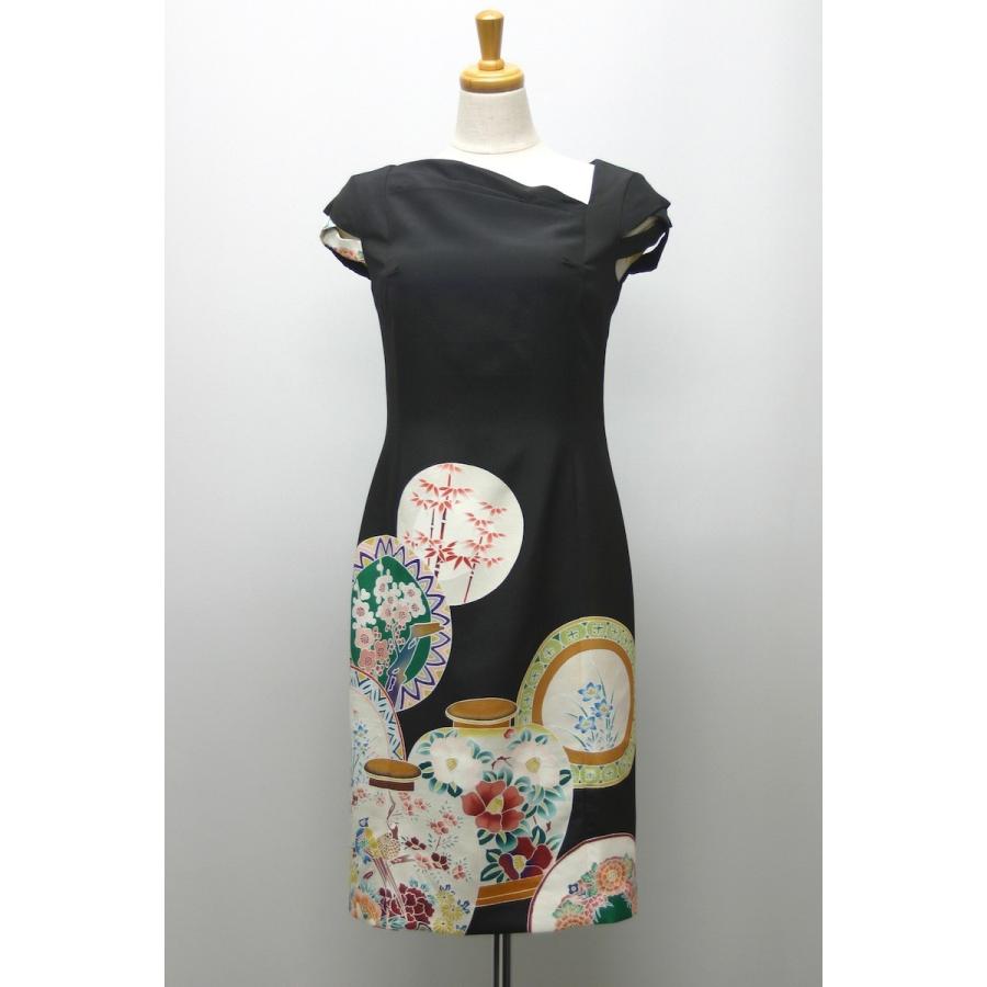 正絹 縮緬 山々と舞鶴 留袖リメイクケープドレス 2162一点物の正絹振袖ドレス【着物ドレス 着物リメイク 和ドレス