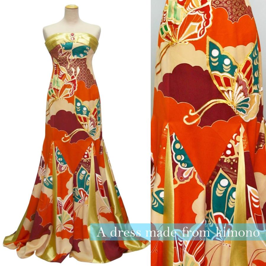 和ドレス 着物リメイクドレス 一点物の正絹振袖のドレス 9号 パーティードレス ドレス ブライダル ワンピース 着物ドレス 送料無料 正絹 ステージ衣裳 日本製 9号