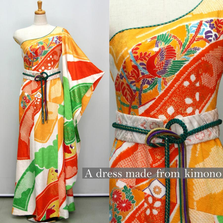 2135一点物の正絹振袖のドレス 着物ドレス 着物リメイクドレス 9号 和ドレス パーティードレス ステージ衣裳 ワンピース ワンピース 正絹 日本製 日本製 送料無料 9号 15 Kimono文珠庵