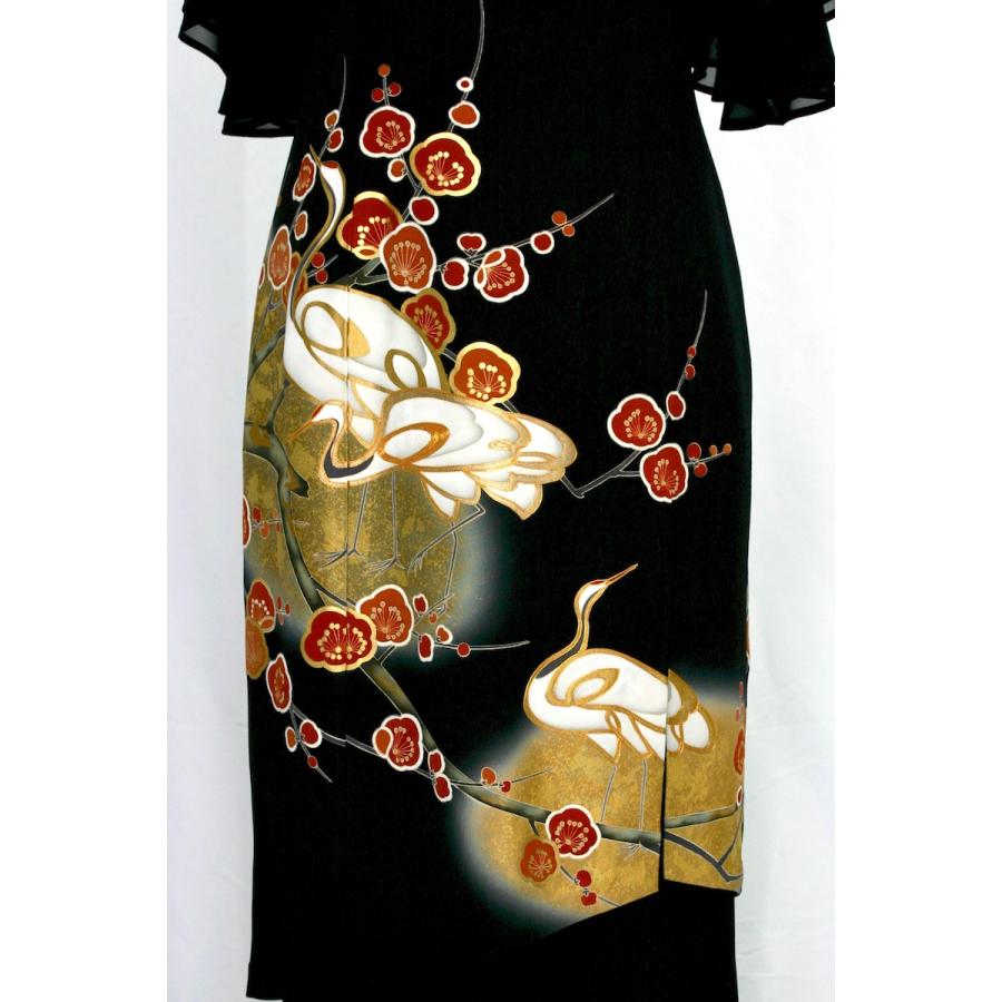 一点物　正絹　着物　ドレス　ロング　kimono dress 黒　ブラック　鶴 2213一点物の正絹着物ドレス【着物ドレス 着物リメイク