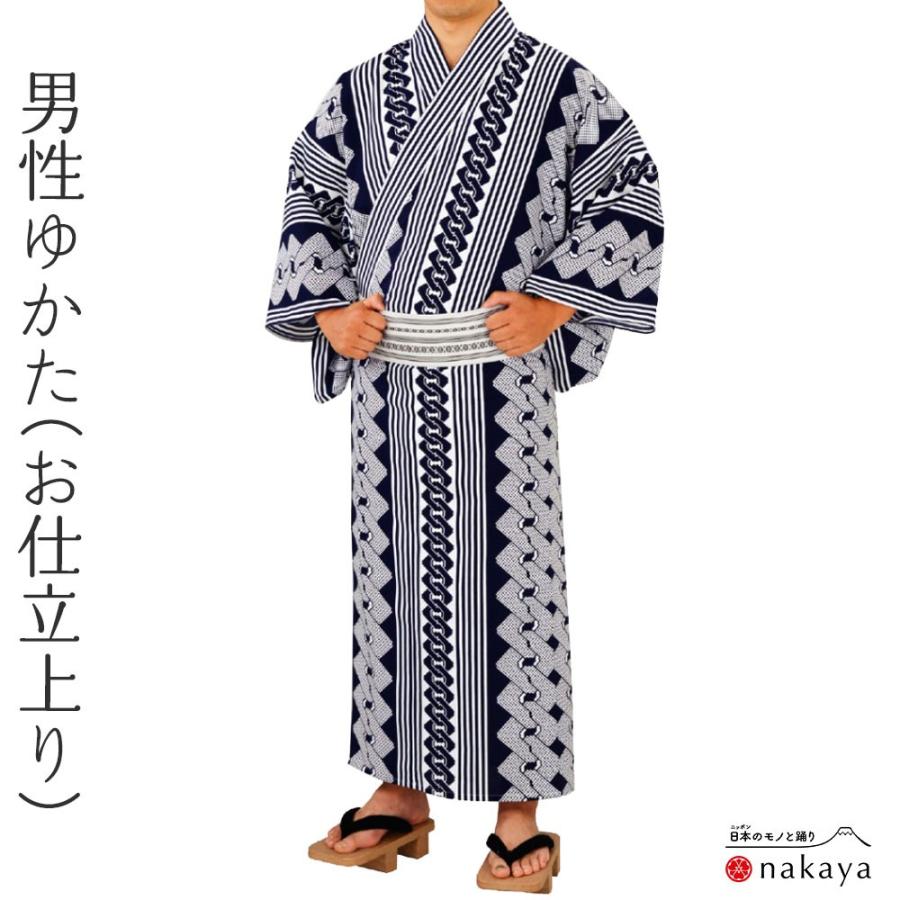 浴衣 仕立て上り 3389 》 大人 紺 白 吉原繋ぎ 縦縞 綿 仕立て上がり