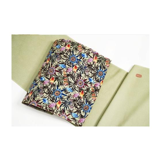 人間国宝 玉那覇有公作 本場琉球紅型染名古屋帯 「三通太鼓柄