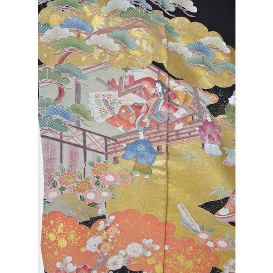 正絹手描き友禅黒留袖・純金箔金彩友禅・金糸縫い取り平安王朝