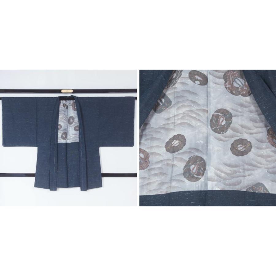 平和屋着物○男性 紬 アンサンブル 色無地 青褐色 正絹 逸品 未使用