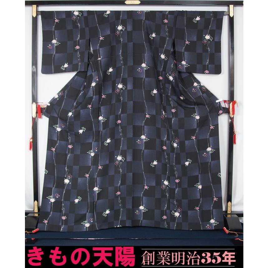 新品仕立て上り品 単衣 小紋 市松・椿模様 裄長・トールサイズ 送料無料