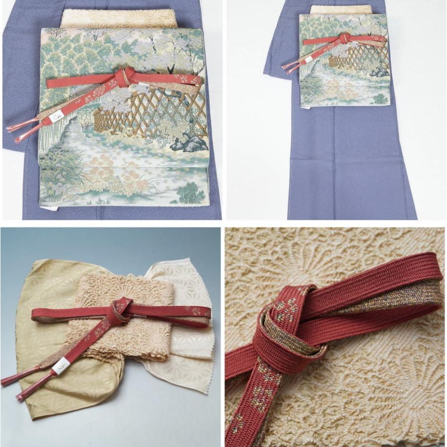 着物セット 未使用品色無地と万葉袋帯、帯揚げ、帯〆の4点セット 五三 