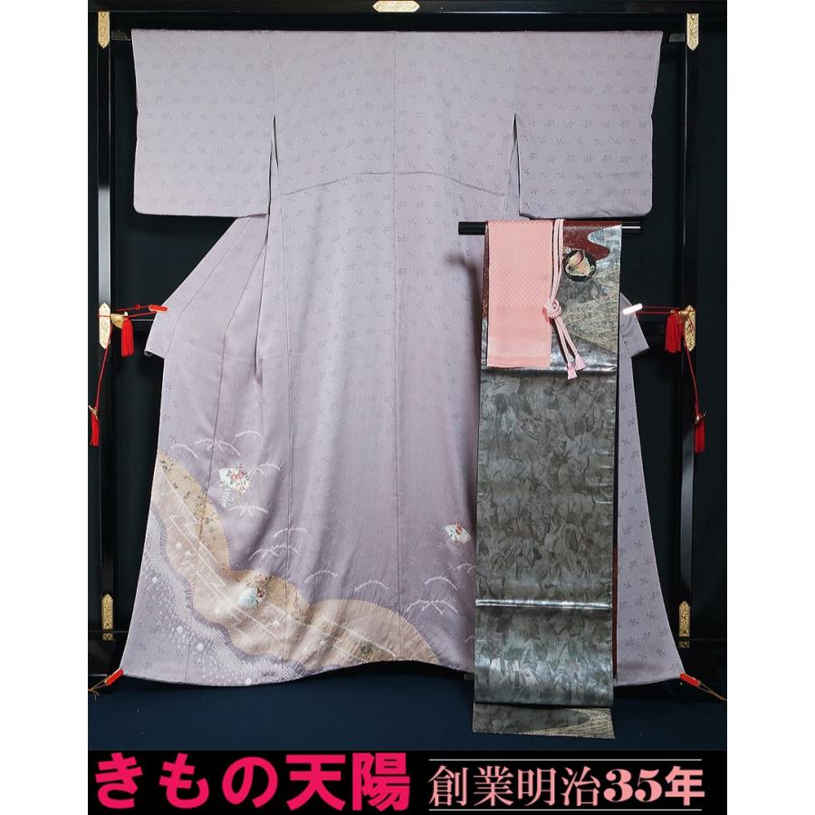 着物4点セット 訪問着・袋帯・帯揚げ〆 絞り地紙模様 送料無料 中古 