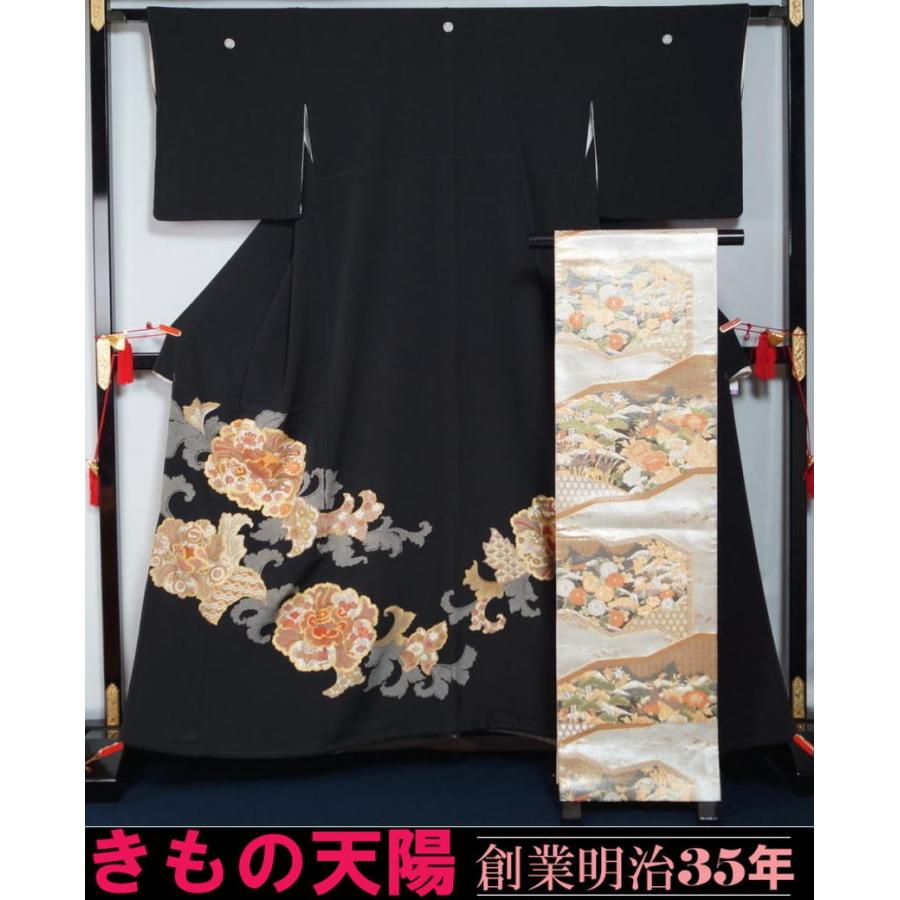 着物セット 黒留袖と袋帯の2点セット 丸に三つ柏紋 三越謹製 送料無料