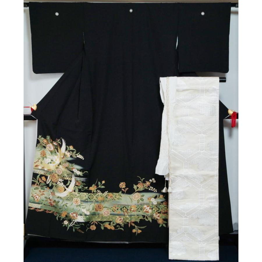 着物セット 黒留袖・袋帯、帯揚げ、帯締めの4点セット 段違い更紗に飛
