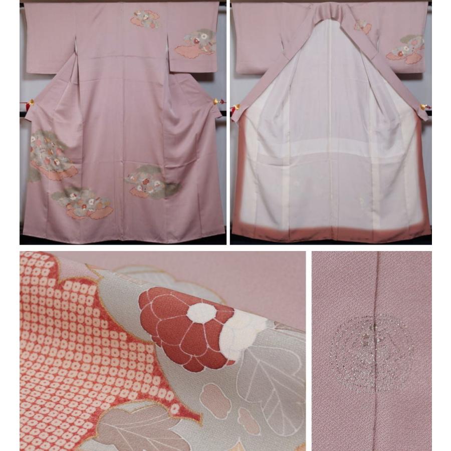 着物セット 付下げ訪問着 袋帯 長襦袢 3点セット 雲に春秋模様 撫子色 
