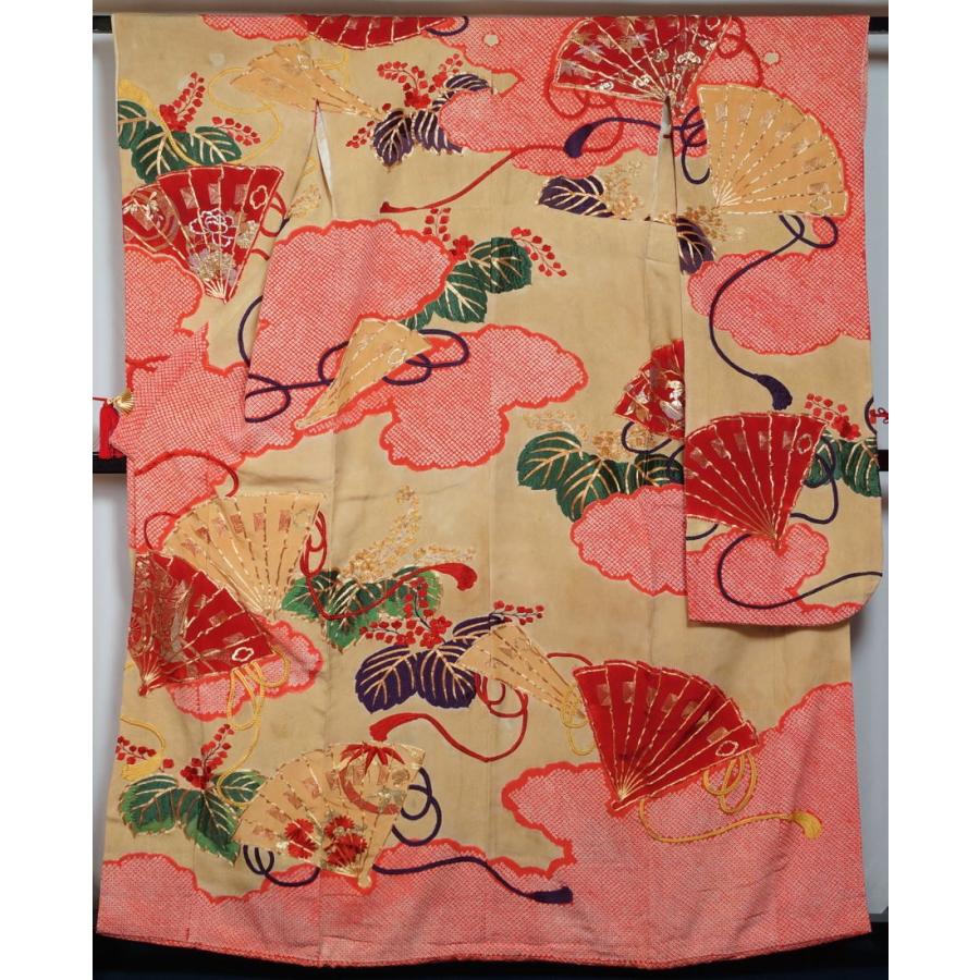 アンティーク 振袖 雲取に扇・桐模様 蔦紋 三つ紋 金駒刺繍 金箔 日本