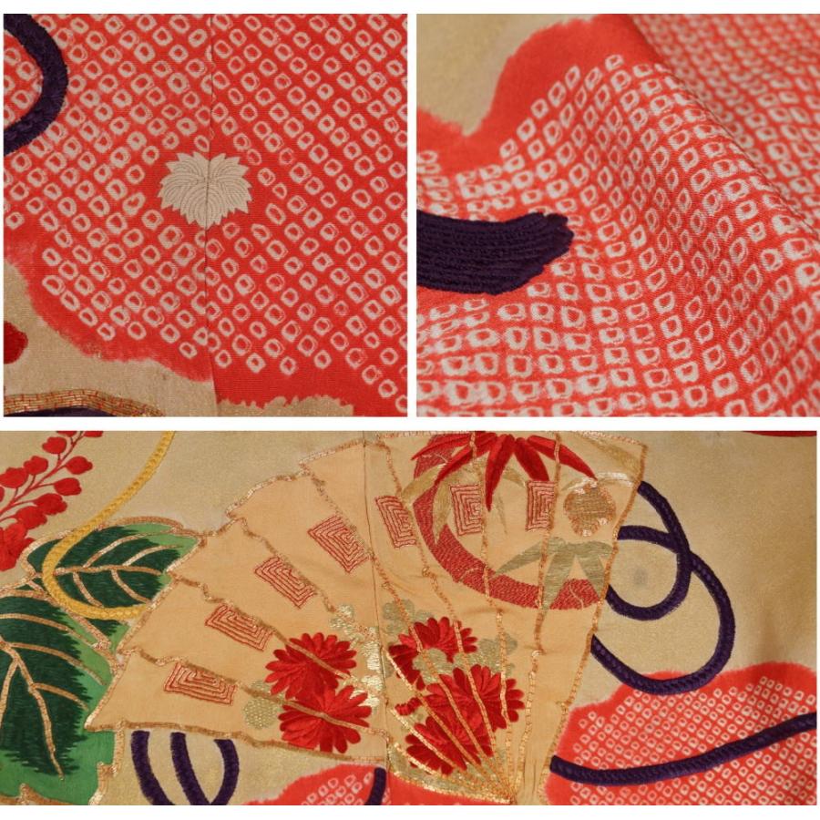 アンティーク 振袖 雲取に扇・桐模様 蔦紋 三つ紋 金駒刺繍 金箔 日本