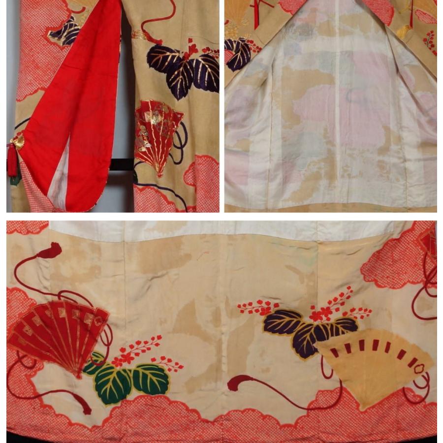 アンティーク 振袖 雲取に扇・桐模様 蔦紋 三つ紋 金駒刺繍 金箔 日本