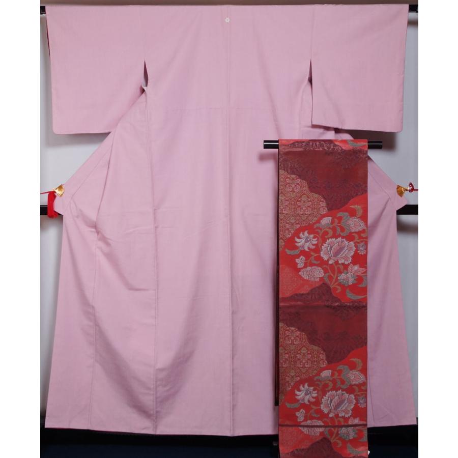 着物セット 紬・洒落袋帯 2点 セット 撫子色 無地 真綿 片喰紋 紬