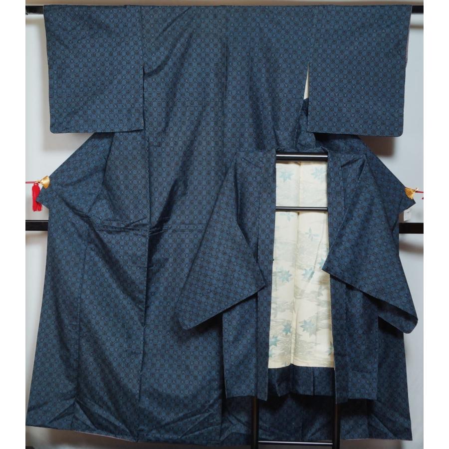 村山大島紬 アンサンブル 蜀江模様 黒色 藍色 着物リメイク リフォーム