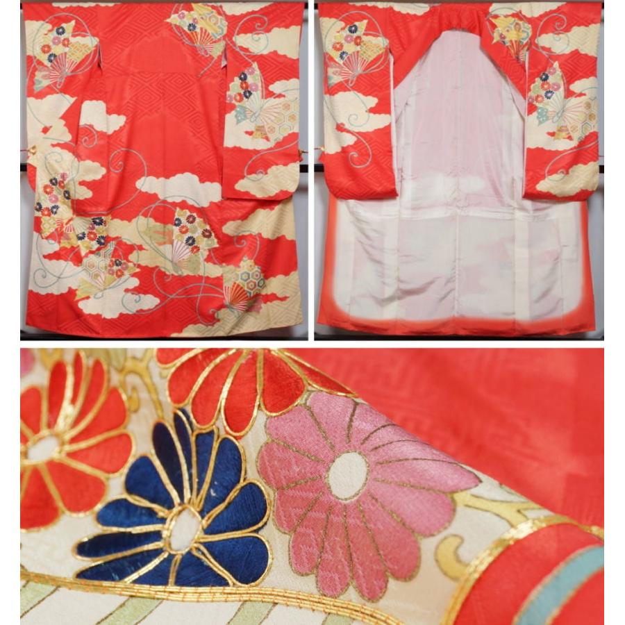 振袖セット 中振袖・袋帯 2点 セット 雲取に扇の蝶模様 真朱色 振袖 二 