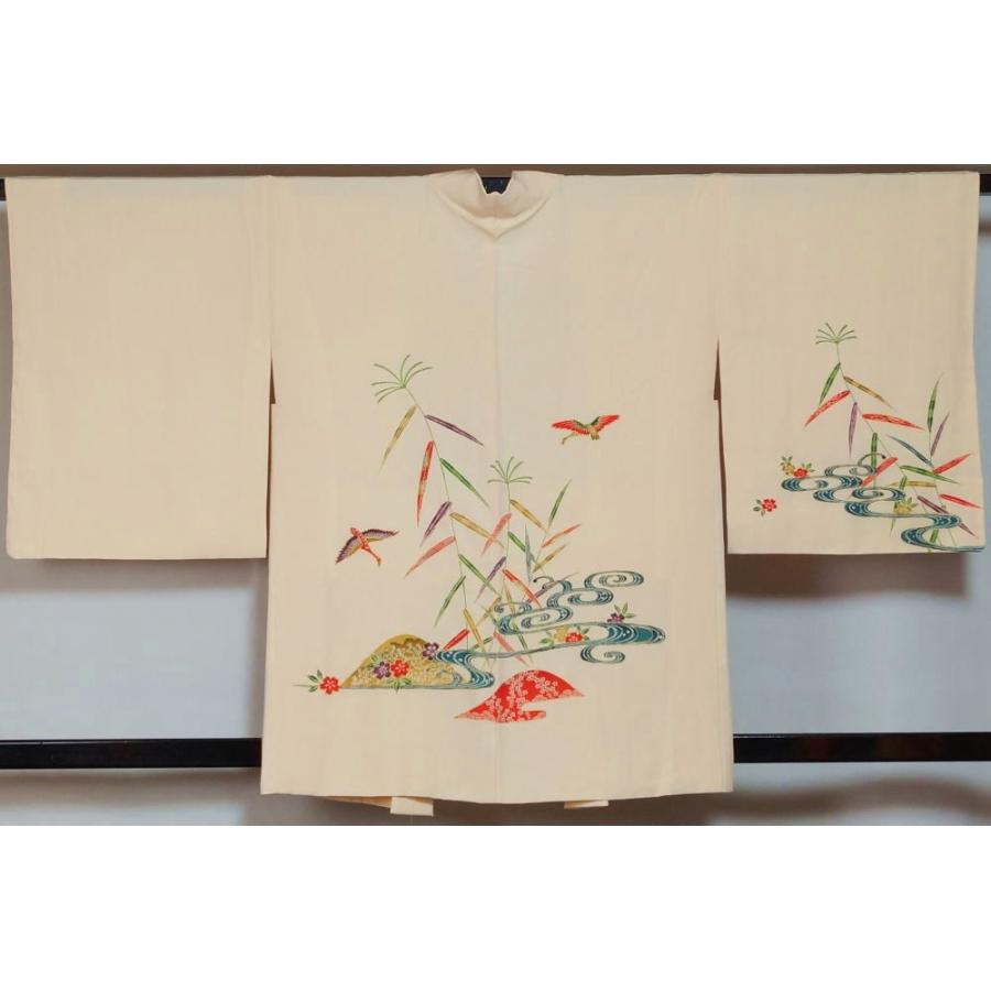 羽織 未使用品 紅型 羽織紐 付き 流水に遠山、春秋草花模様 生成り色  