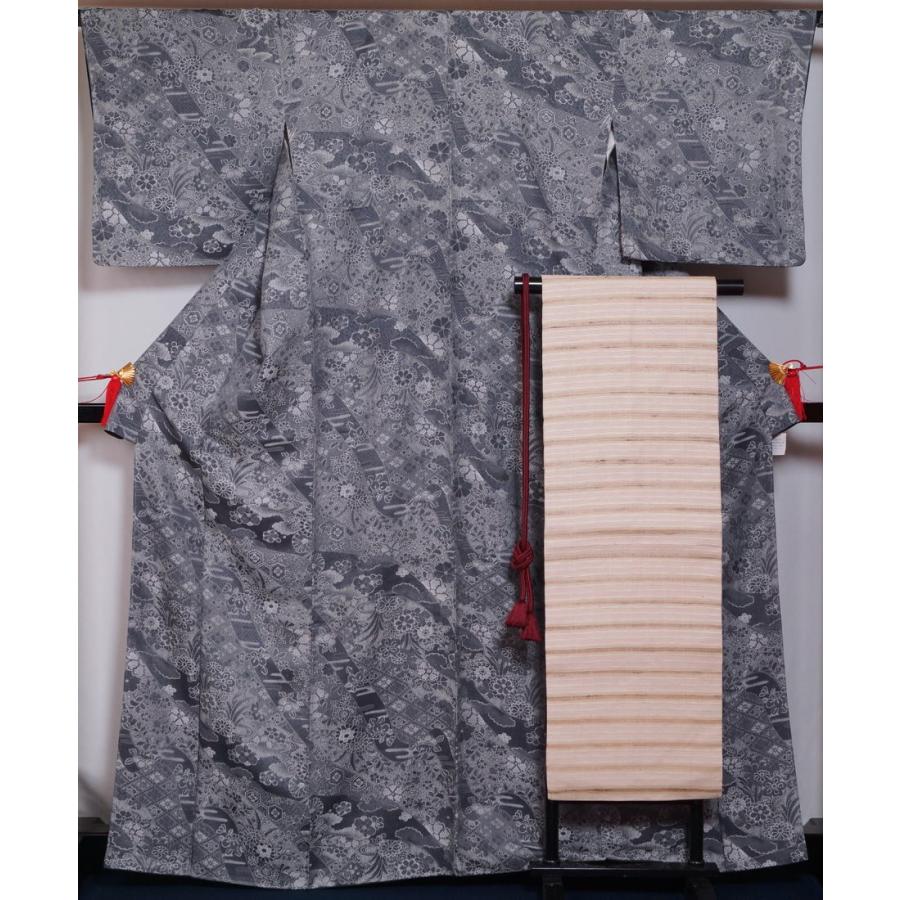 着物セット 未使用品 墨染 小紋 新品 野蚕シルク 名古屋帯 帯〆