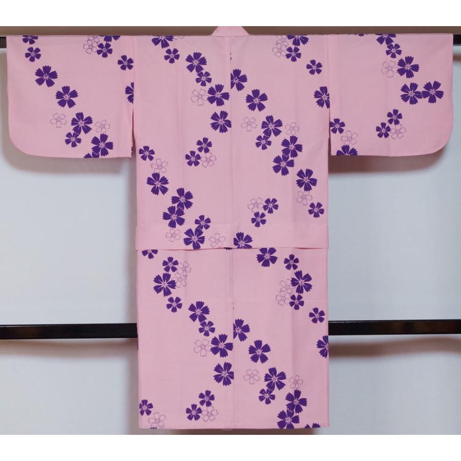 踊り着物 女児 子供 単衣 着物 小紋 撫子模様 腰揚げ有り 化繊 撫子色