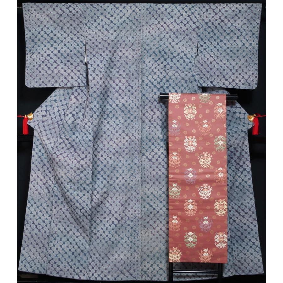 着物セット 貝絞りの紬・名古屋帯 2点 セット 貝絞り 青紫色 藤紫色  