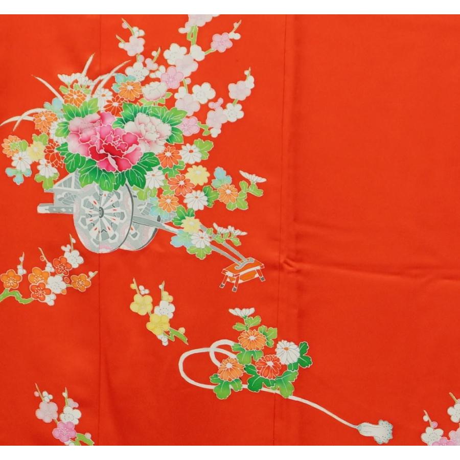 七五三 7歳 着物 比翼付き 花車模様 朱色系 正絹 お祝い着 七歳 7歳