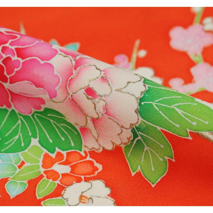 七五三 7歳 着物 比翼付き 花車模様 朱色系 正絹 お祝い着 七歳 7歳