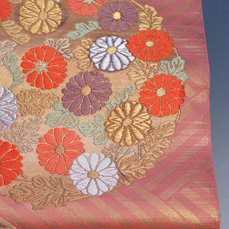 袋帯 西陣 加納本家 振袖向き 桧垣に花丸紋 六通柄 紅梅色 フォーマル  