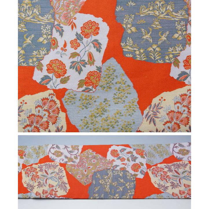 名古屋帯 未使用品 色紙取に更紗模様 全通柄 朱色 正絹 名古屋 名古屋帯 未使用品 色紙取に更紗模様 全通柄 朱色 正絹 名古屋