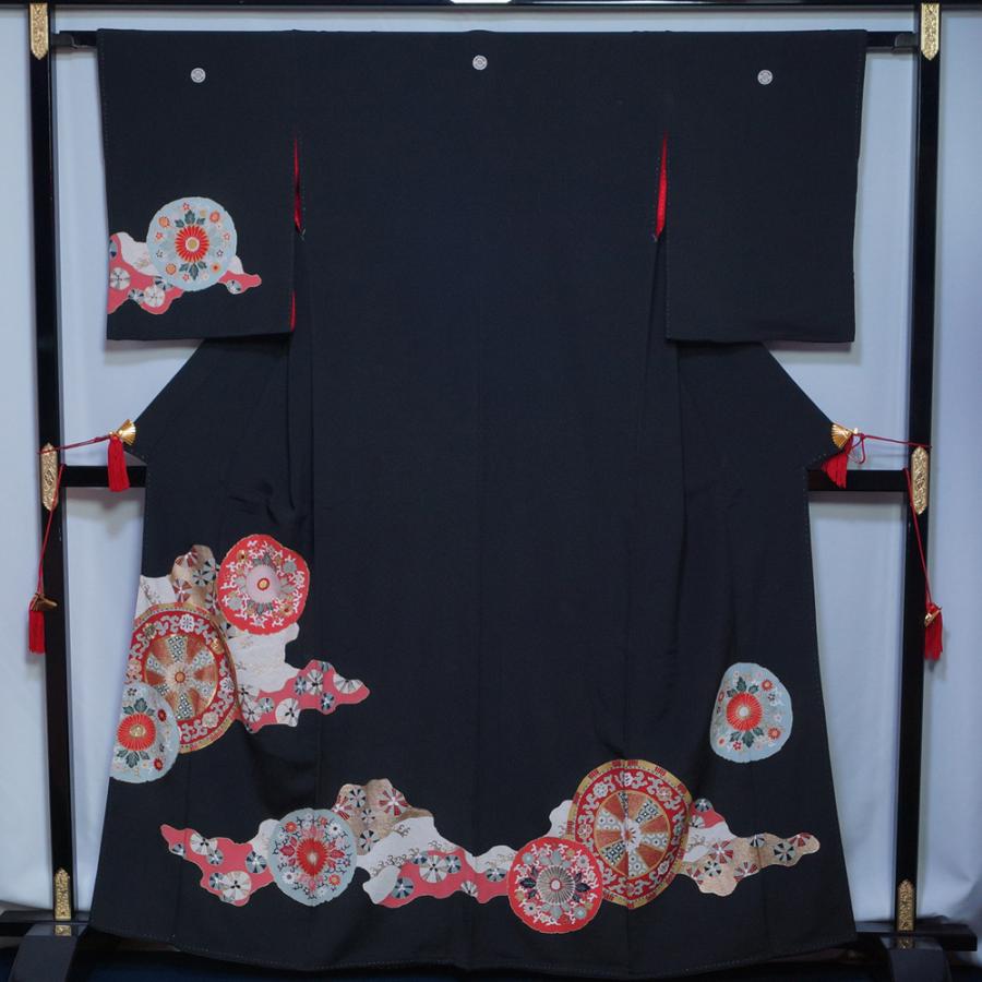 アンティーク 訪問着 道長に鏡裏模様 金駒刺繍 黒色 丸に木瓜紋 三つ紋 着物リメイク リフォーム用 送料無料 中古 リサイクル着物 正絹 アンティーク 着物 0924 I 京都きもの天陽yahoo 店 通販 Yahoo ショッピング
