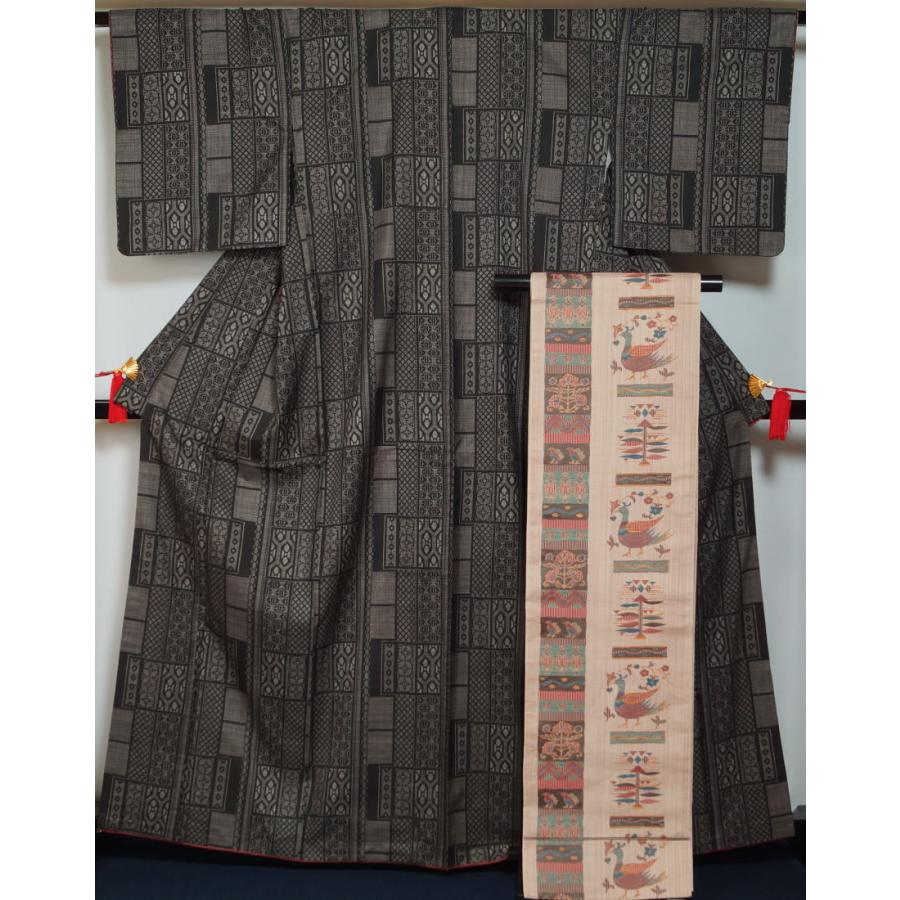 着物セット 大島紬・洒落袋帯 2点 セット 格子模様 7マルキ 一元 送料  