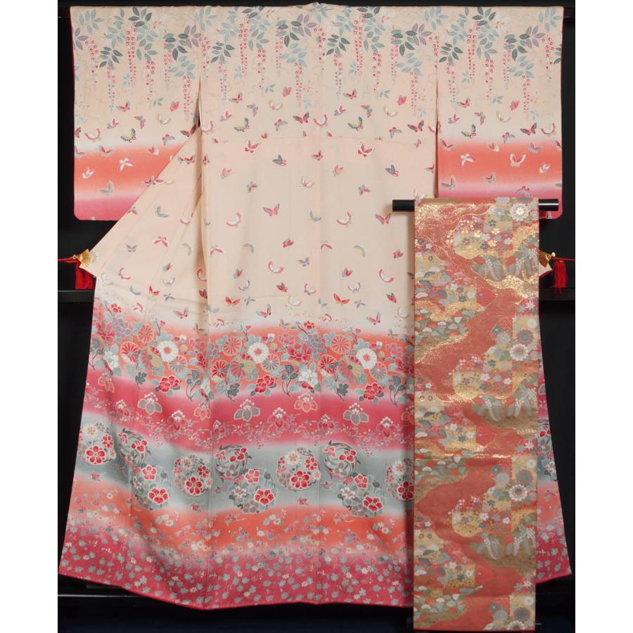着物セット 付下げ訪問着・袋帯 2点セット 横段ぼかしに胡蝶・百花 