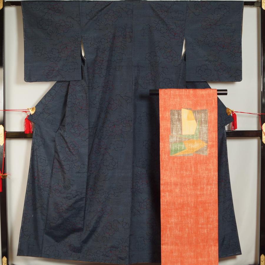 着物セット 未使用品 塩沢紬・名古屋帯 2点 セット 牡丹模様 紬 真綿 