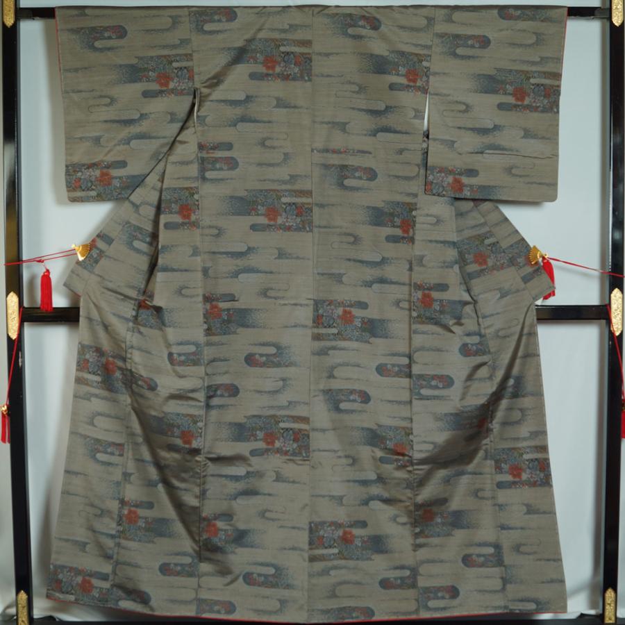 大島紬 未使用品 エ霞に洋花模様 9マルキ 総絣 送料無料 中古 泥大島  