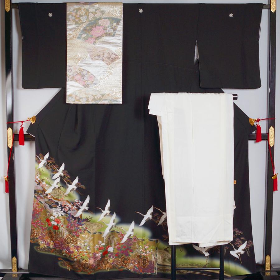 着物セット 黒留袖・袋帯・長襦袢 3点 セット 幕に花車、祭囃子模様 丸