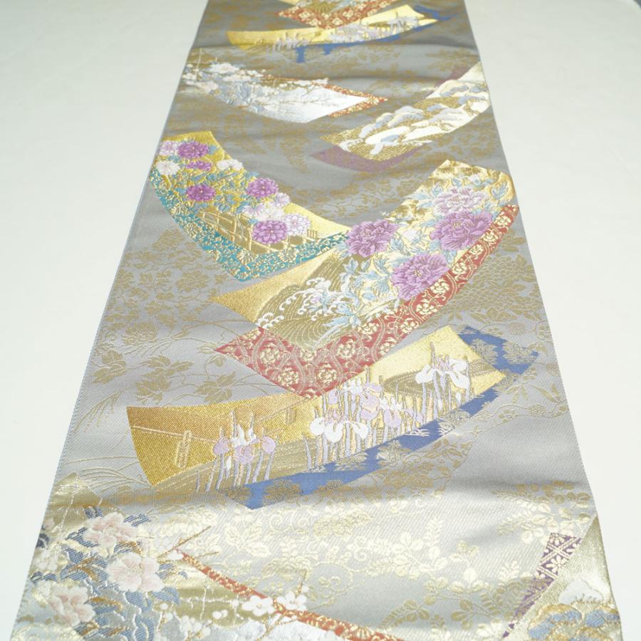 袋帯 じゅらく帝王紫 短冊に春秋百花・吉祥模様 帝王紫 金糸 袋帯 じゅらく帝王紫 短冊に春秋百花・吉祥模様 帝王紫 金糸