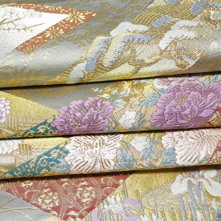 袋帯 じゅらく帝王紫 短冊に春秋百花・吉祥模様 帝王紫 金糸 袋帯 じゅらく帝王紫 短冊に春秋百花・吉祥模様 帝王紫 金糸