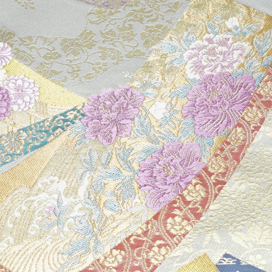 袋帯 じゅらく帝王紫 短冊に春秋百花・吉祥模様 帝王紫 金糸 袋帯 じゅらく帝王紫 短冊に春秋百花・吉祥模様 帝王紫 金糸