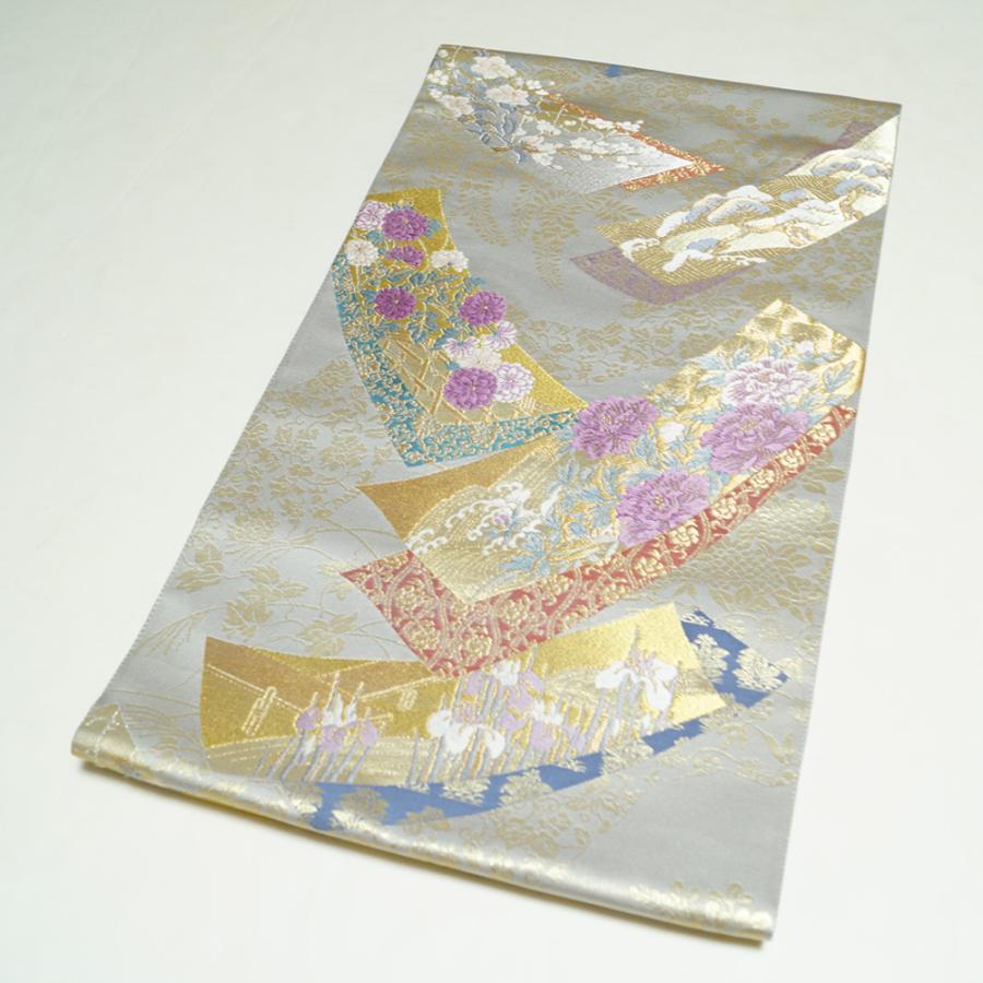 袋帯 じゅらく帝王紫 短冊に春秋百花・吉祥模様 帝王紫 金糸 袋帯 じゅらく帝王紫 短冊に春秋百花・吉祥模様 帝王紫 金糸