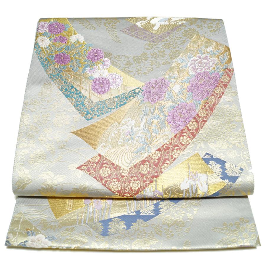 袋帯 じゅらく帝王紫 短冊に春秋百花・吉祥模様 帝王紫 金糸 袋帯 じゅらく帝王紫 短冊に春秋百花・吉祥模様 帝王紫 金糸