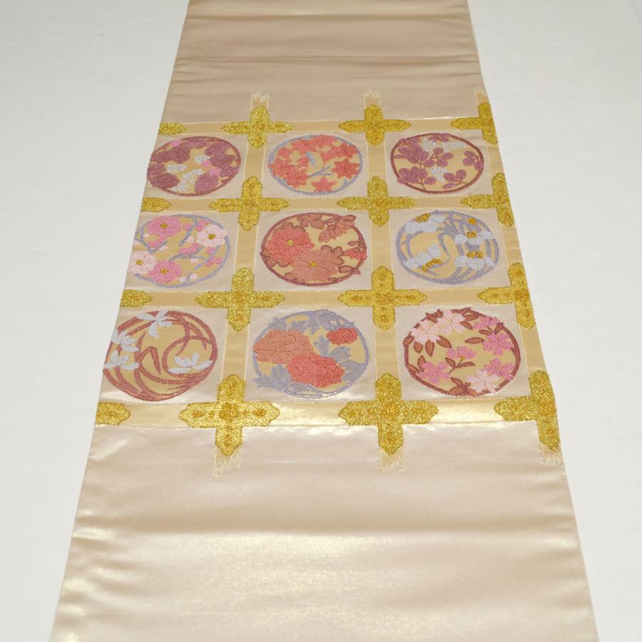 袋帯 相良刺繍 未使用品 天井格子に春秋草花模様 金通し 金糸 袋帯 相良刺繍 未使用品 天井格子に春秋草花模様 金通し 金糸